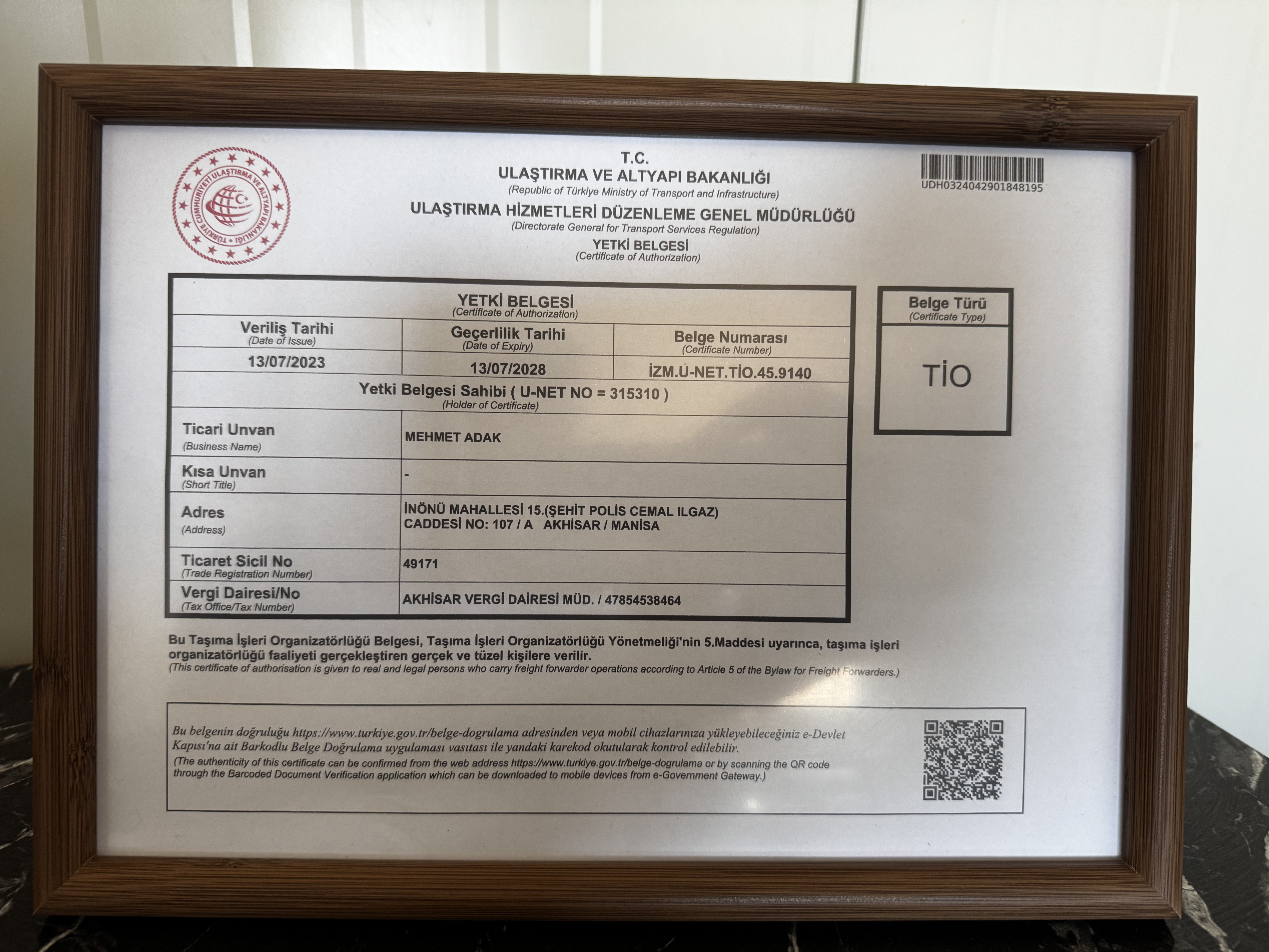 Adak Nakliyat Belge 1